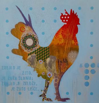 Petelin - Žetev - 90x90 cm - Mešana tehnika na platnu - 2023